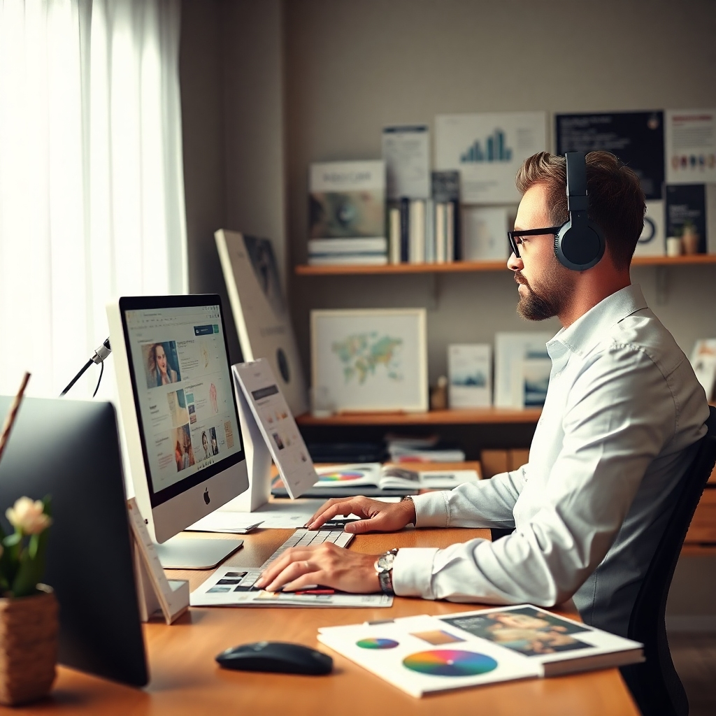 A photorealistic image of a designer working on a computer, surrounded by design elements and printed materials. Showcase a modern, well-lit workspace. The style should be professional and creative, reflecting the high quality of our design services.